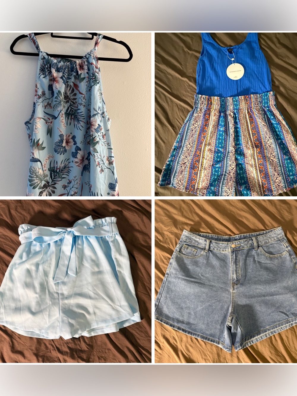 All 4 shein items included: romper, denim shorts, and elegant bow shorts